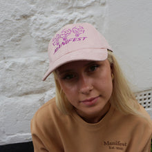 Load image into Gallery viewer, Edgy dusty pink suede cap with Manifest skull embroidery, designed to elevate your streetwear style