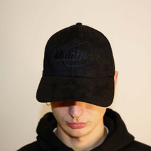 Load image into Gallery viewer, Black suede cap featuring delicate embroidery from Manifest, blending luxury and streetwear effortlessly.
