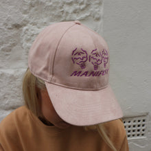Load image into Gallery viewer, Dusty pink suede cap from Manifest, featuring intricate skull embroidery for a fashion-forward, edgy vibe.