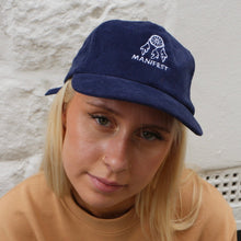 Load image into Gallery viewer, Boho-inspired blue cord hat from Manifest with Dream Catcher embroidery, perfect for adding flair to any casual look
