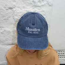 Load image into Gallery viewer, Trendy dusty denim cap with embroidered design by Manifest, ideal for adding a laid-back, fashion-forward touch