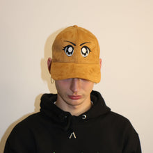 Load image into Gallery viewer, Trendy suede brown cap featuring detailed anime eyes embroidery for a bold, artistic statement