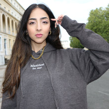 Load image into Gallery viewer, Deep grey hoodie from Manifest featuring detailed embroidery, offering a sleek and stylish addition to your wardrobe.