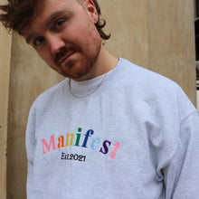 Load image into Gallery viewer, Comfortable grey sweatshirt with embroidered Manifest Pride logo, perfect for expressing pride and style.