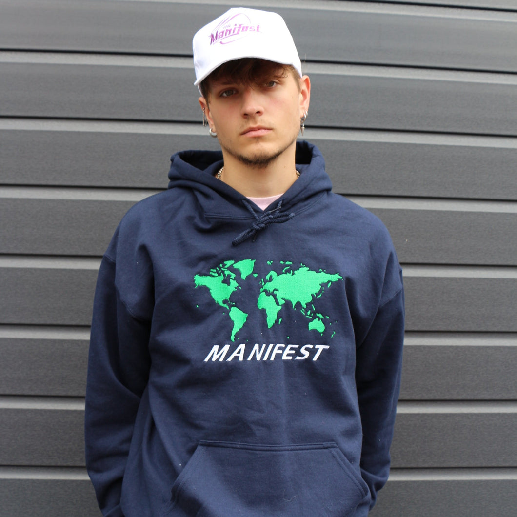 Manifest World Embroidered Graphic Navy Hoodie